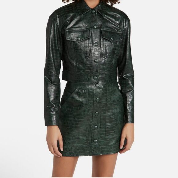 Veronica Beard Hendrix Croc Embossed Faux Leather Jacket Evergreen Green Size 2 - Picture 13 of 13